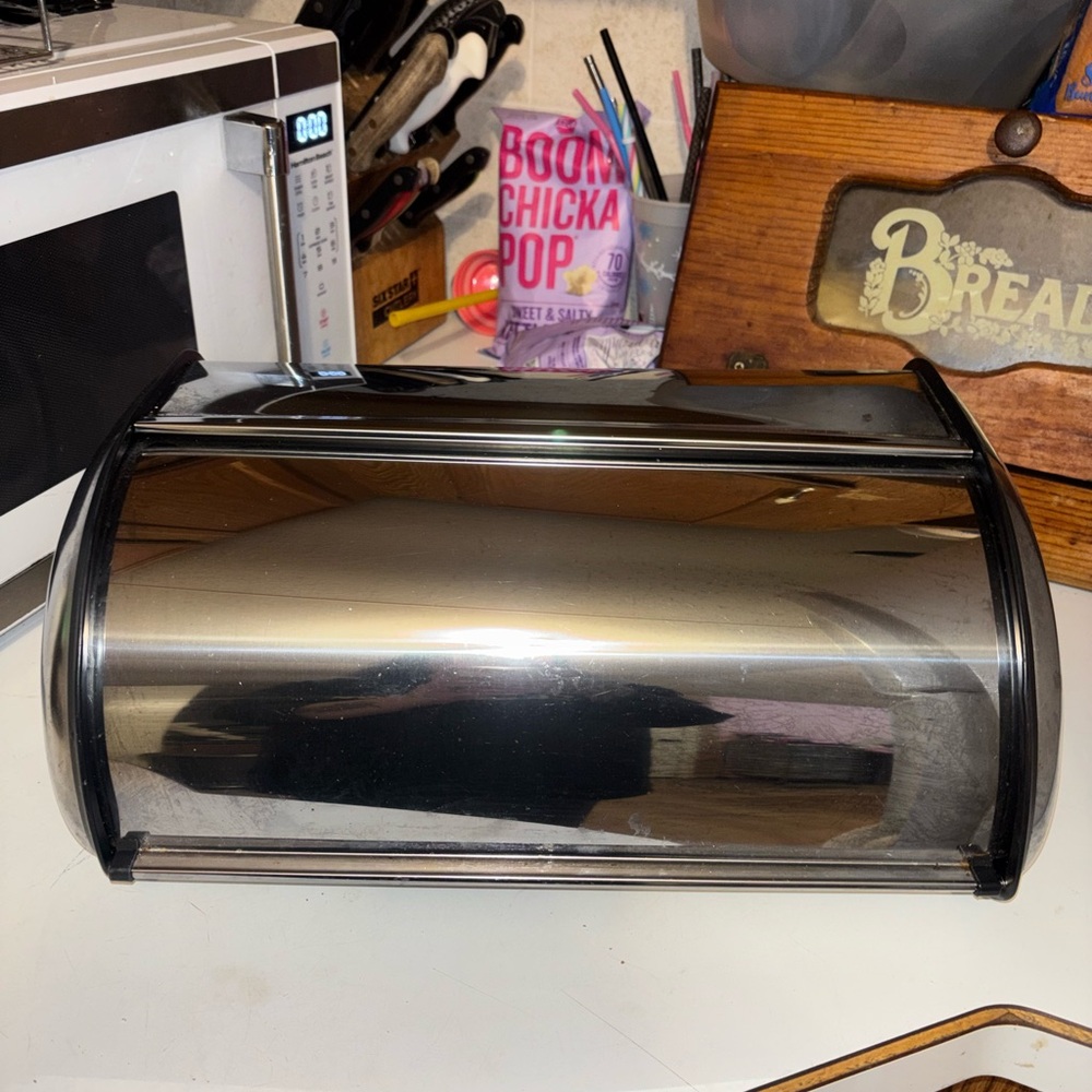 polished stainless steel bread box